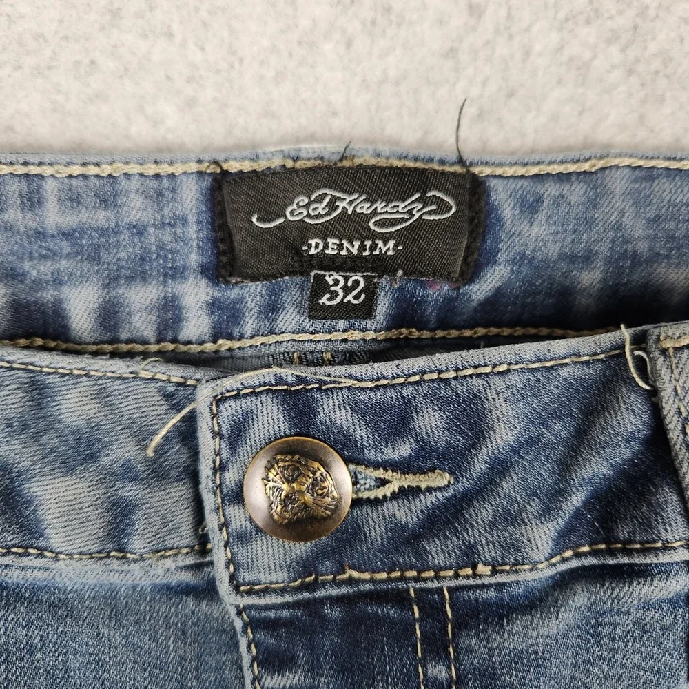 Ed Hardy Jeans Women's 32 Blue Wide Leg Tattoo Embroidered Eagle Heart Graphic‎